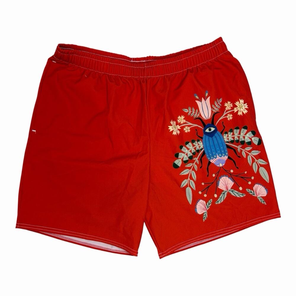 Mens XL Red Beetle Floral Swim Trunks Lined Drawstring Board Shorts